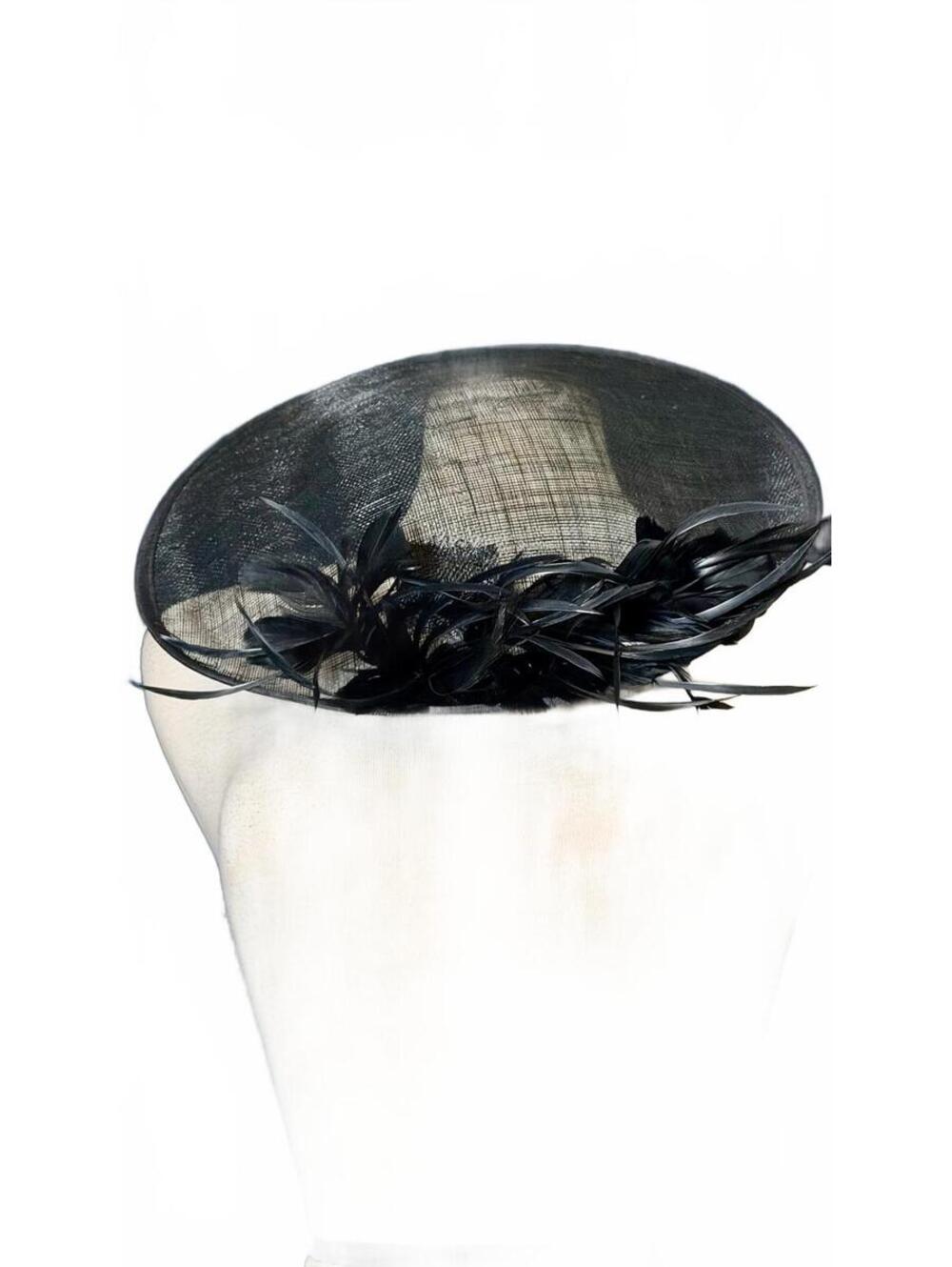 Saucer Sinamay fascinator hat Round sheer sculpted asymmetric tilted feathers OS